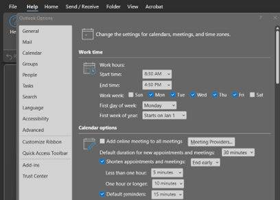 Outlook Calendar Settings